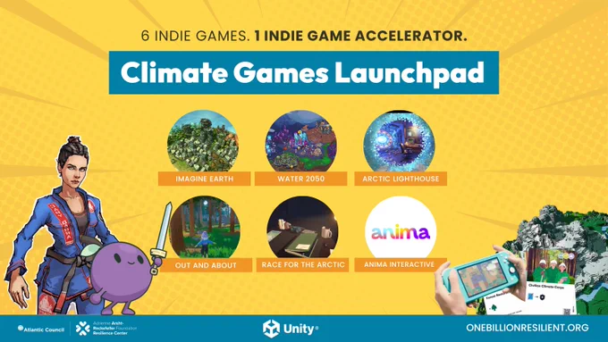 Text reads: 6 indie games. 1 indie game accelerator. Climate Games Launchpad. Imagine Earth, Water 2050, Arctic Lighthouse, Out and About, Race for the Arctic, and Anima Interactive.