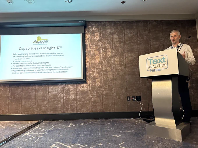 Sergei Ananyan, CEO of Megaputer, giving a talk at the Text Analytics Forum at KMWorld in DC on Wednesday, November 8, 2023. The talk was titled".