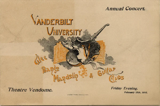Annual concert program of the Banjo, Mandolin, Glee and Guitar Club on February 15, 1895. Color scan of program