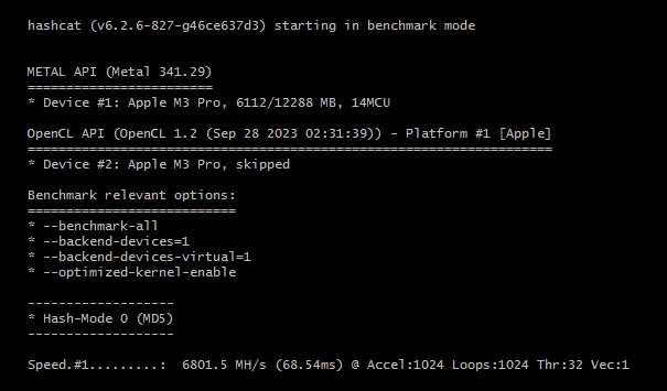 Hashcat v6.2.6.-827 benchmark on the Apple M3 Pro using the Metal runtime