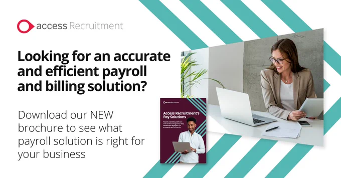 Text reads "Looking for an accurate and efficient payroll and billing solution? Download our NEW brochure to see what payroll solution is right for your business" next to a mockup image of brochure and an image of a brunette, Caucasian woman wearing glasses, smiling at her laptop.