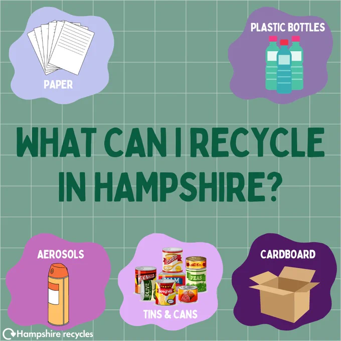 Green background with white gridlines, dark green text in centre that reads 'what can I recycle in Hampshire' surrounded by splodge shapes in various shades of purple. These contain cartoon images of the 5 key recyclable items in Hampshire with white text labels. White Hampshire recycles logo in bottom right. 


