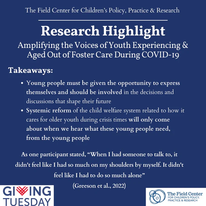 A blue box with the title "Research Highlight: Amplifying the Voices of Youth Experiencing & Aged Out of Foster Care During COVID-19" in white text.  There is a white header underneath that reads "Takeaways." Under the header, there are white bullet points:

Young people must be given the opportunity to express themselves and should be involved in the decisions and discussions that shape their future
Systemic reform of the child welfare system related to how it cares for older youth during crisis times will only come about when we hear what these young people need, from the young people.
- Below the bullet points, there us a quote written in white: As one participant stated, “When I had someone to talk to, it didn't feel like I had so much on my shoulders by myself. It didn't feel like I had to do so much alone”

*(Greeson et al., 2022).

The GivingTuesday logo and Field Center logo are at the bottom.