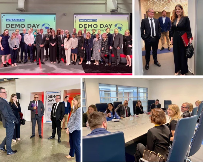 Photo montage of the Right Honourable Michelle Donelan MP, SoS, meeting with UK medtech and health innovation businesses participating in the TMC Innovation accelerator as part of the Innovate UK Global Incubator Programme.