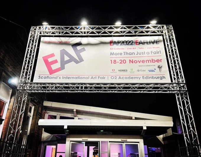 Outdoor sign for the Edinburgh Art Festival. More than just a fair! 18-20 November at the O2 Academy Edinburgh