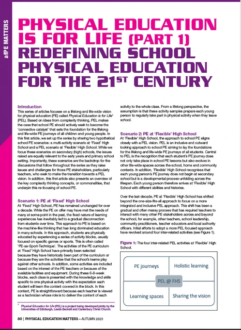 Photo shows the first page of our new article in Physical Education Matters the title of the article is Physical Education is for Life (part 1). Redefining School Physical Education for the 21st Century. 

The Physical Educaiton for Life is a project being developed jointly by the Universities of Edinburgh, Leeds Beckett and Canterbury Christ Church University.