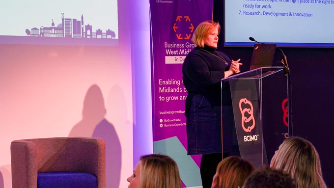 An image of Rachel Eade addressing delegates at the Venturefest West Midlands Mobile Hub at the Black Country Innovative Manufacturing Organisation in Dudley.