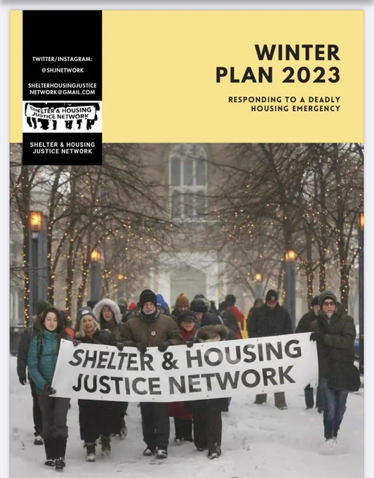 an image of a group of people walking in the snow holding a banner that states “shelter & housing justice network”. in a yellow background, the header states “SHJN winter plan: responding to a deadly housing emergency”