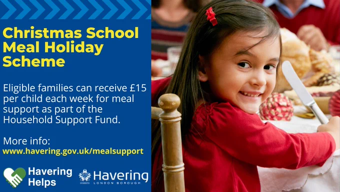 Christmas School Meal Holiday Scheme. 
Eligible families can receive £15 per child each week for meal support as part of the Household Support Fund.
Shows an image of a young girl eating a meal. 