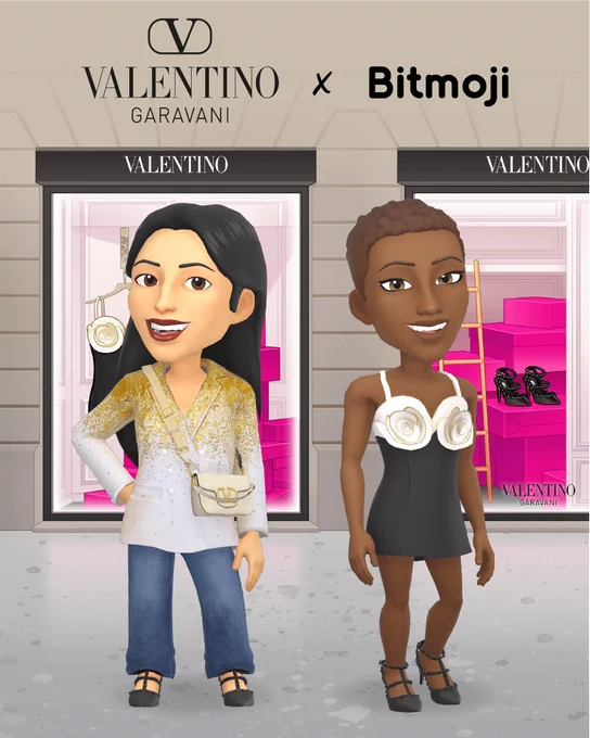 Two happy Bitmoji avatars pose wearing their new Valentino x Bitmoji outfits, Valentino Garavani x Bitmoji