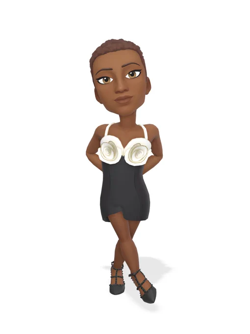 A Bitmoji avatar poses wearing the Valentino Garavani Crepe Couture Dress and Rockstud Pumps
