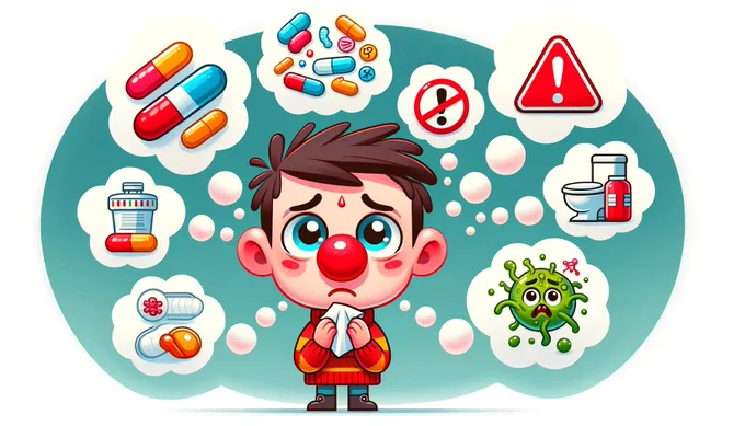 Cartoon person with sniffles considers taking an antibiotic but also thinks about the potential harms, like side effects and antibiotic resistance
