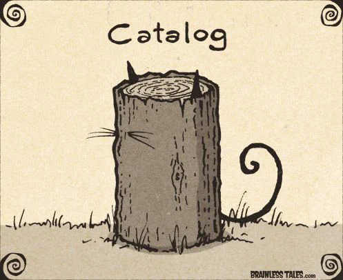 Cartoon of a cat inside a log with the words "Catalog"