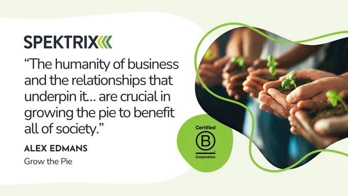 A quote by Alex Edmans about the humanity of business, with an image of small plants in soil being held in several hands.