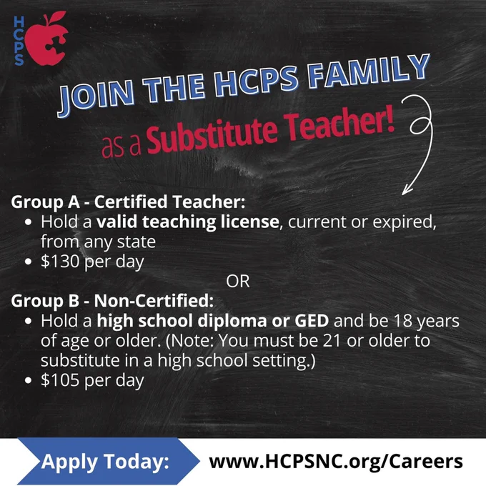An image of text that says "Join the HCPS Family as a Substitute Teacher! Group A-Certified Teacher: Hold a valid teaching license, current or expired, from any state, $130 per day. Group B- Non Certified: Hold a high school diploma or GED and be 18 years of age or older. (Note: You must be 21 or older to substitute in a high school setting.), $105 per day. Apply Today: www. HCPSNC.org/Careers." The background image is a black chalk board with the HCPS apple logo.