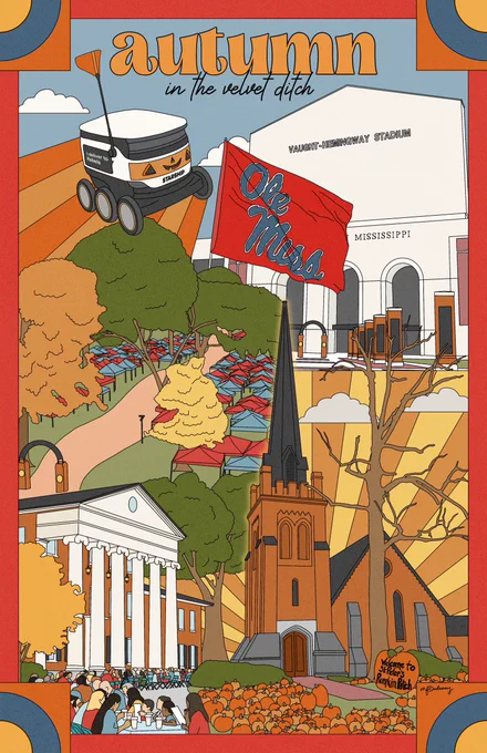 Autumn in the Velvet Ditch poster with various images of campus and oxford 