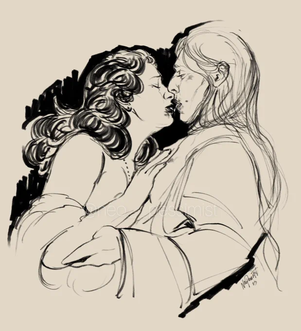 Sketch of Soldier and Rose. Rose is throwing her weight on Soldier, cupping one of her breasts. They have just broken off a kiss and a line of spit still connects them. Rose's lipstick is smudged on both their faces. 
Soldier holds her by the hand. 
Rose is wearing star shaped earrings and a necklace that is not fully visible. Both of them are in flowy fabric that slips off their bodies. It's a desperate enough scene.