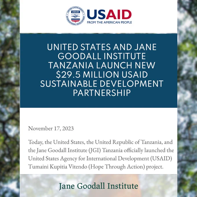 Screenshot of a press release from USAID and the Jane Goodall Institute, titled, "United States and Jane Goodall Institute Tanzania Launch New $29.5 Million USAID Sustainable Development Partnership."