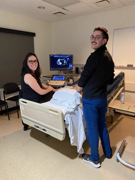 PGY-2 resident Dane performing an ultrasound-guided paracentesis with Dr. Larocque