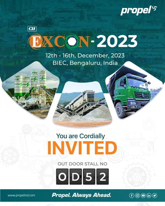 Join us for an exclusive showcase of our latest launches, product upgrades, and cutting-edge innovations in the Crushing, Screening, and Washing industry at EXCON 2023, BIEC, Bengaluru, India.

Mark your calendars from 12th to 16th December 2023. Find us at Outdoor Stall (Orange Lot ): OD 52.

We're excited to demonstrate our excellence.

Propel. Always Ahead.

Explore more at https://www.propelind.com/

Reach us at  91 99940 60001 |  91 99940 60002

Email us at marketing@propelind.com

CII EXCON | Confederation of Indian Industry | CII Trade Fairs | @CII Events | CII Southern Region | Builders Association Of India | ICEMA | UFI -  The Global Association of the Exhibition Industry | Propel Industries |