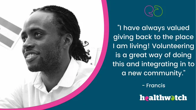 Head and shoulders image of a man smiling. Text on right side of image reads, 'I have always valued giving back to the place I am living! Volunteering is a great way of doing this and integrating in to a new community." - Francis