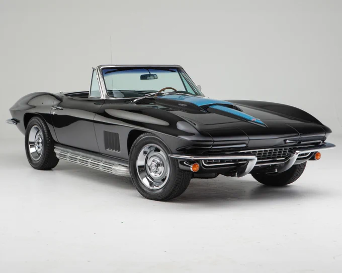 This custom 1967 Chevrolet Corvette started life as a factory air-conditioned convertible and since has benefited from a professional, Jerry Clark frame-off restoration with drivetrain. Power comes from a 454ci big-block engine bored 0.30 and stroked to 489ci and equipped with Tri-Power carburetion, Air Flow Research aluminum heads, a Lunati built and balanced rotating assembly, Lunati hydraulic roller cam and MSD ignition. The engine makes a dyno-tested 655hp with 590 ft./lbs of torque. The engine is mated to a Keisler 5-speed manual transmission. Spent gases exit through a set of Hedman headers with a side-pipe exhaust. Other upgrades include stainless-steel brake lines, oversized half-shafts, oversized calipers, heavy-duty sway bars, high-performance shocks and Dynamat heat- and sound-deadening. The exterior bodywork and paint were done by renowned J&M Corvette Auto Body in Brooksvill, FL. 