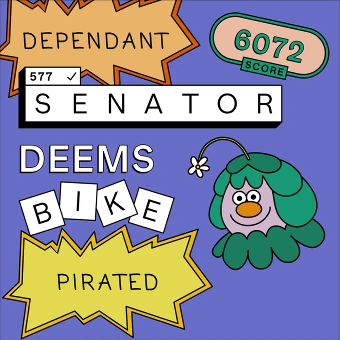 A postcard generated in the word game gubbins which reads "dependant senator deems bike pirates". 6072 score. The head of a smiling giant is in the corner.