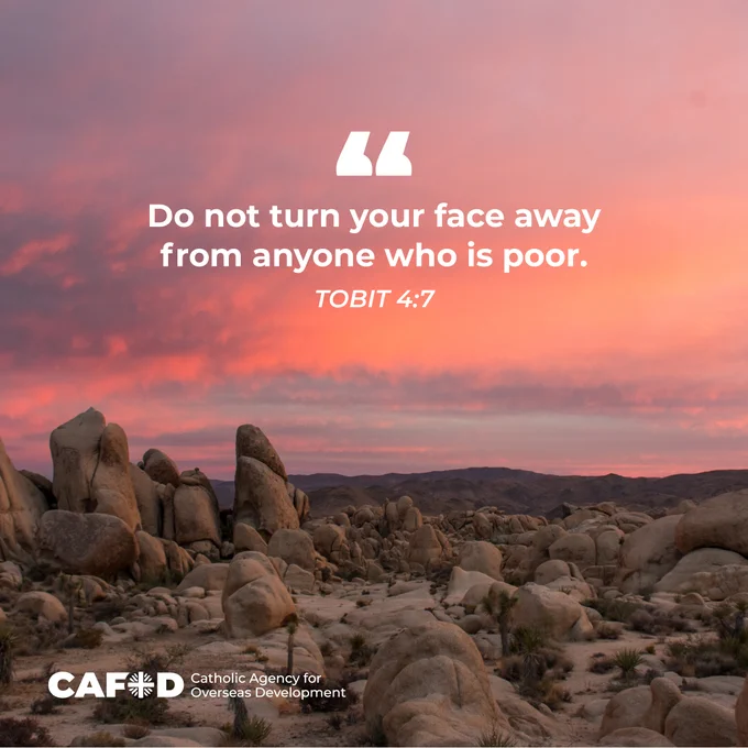 A graphic showing a dry, rocky landscape with a red sky above. 

The quote says: "Do not turn your face away from anyone who is poor." 

Tobit 4:7