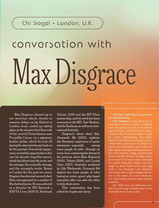 The title page from our Max Disgrace thread. A heading reads "Chi Siegel - London, UK - Conversation with Max Disgrace" and there is smaller text in 3 columns. The color scheme of the design is brown, orange, and light green.
