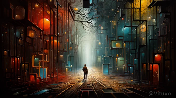 🔹 Complex Surrealist Scene, Golden Rectangle Composition, Vivid Dreamscapes, Merging Realities --ar 16:9 --s 300