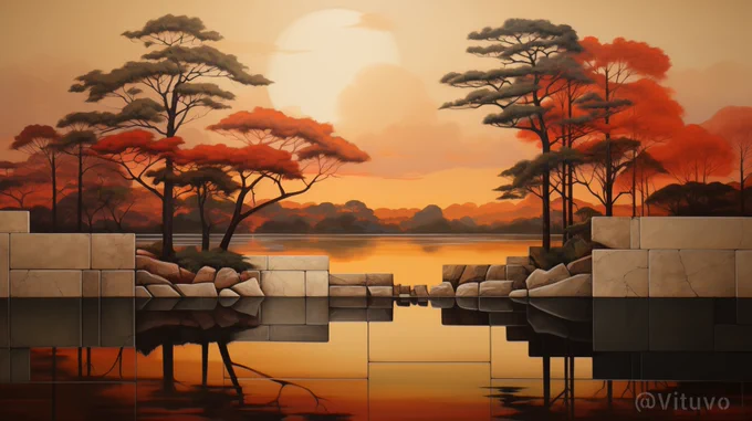 🔹 Landscape Painting, Golden Rectangle Composition, Lush Greenery, Tranquil Lake, Sunset Colors --ar 16:9 --s 250