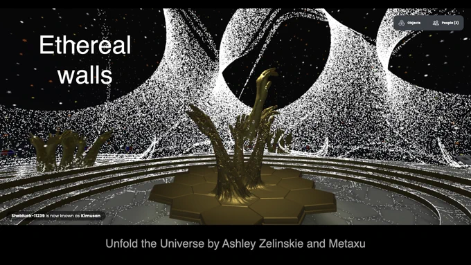 A golden sculpture with a base of hexagonal tiles show several wirelike hands stretching upwards. This sculpture is set in an abstract exhibition space with a grey circular sunken floor with wide steps leading away from the center. The walls are organic and double curved and defined by white particles allowing you to see other spaces with similar looking sculptures. The text "Etheral walls" is seen on top of the image.