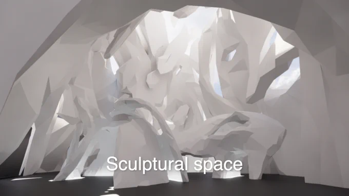 A more stylized viewpoint of the space from the previous image, where white sculptural structures stretch toward the sky and the polygons from which they have been constructed are visible. The floor is dark grey and the whole space have a visible sculptural quality to them. The text "Sculptural space" is set on top of the image.