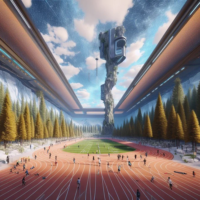 futuristic indoor recreational facility built to look like California's San Joaquin Valley, fake sequoia trees, tall structure resembleling the Sierra Nevada mountains used for rock climbing, realistic sky mural painted on the ceiling, people walking and running on track that wrapped around the entire place, 3D digital illustration, concept art, cgi rendering, extreme detail, airbrush painting, cinematic lighting