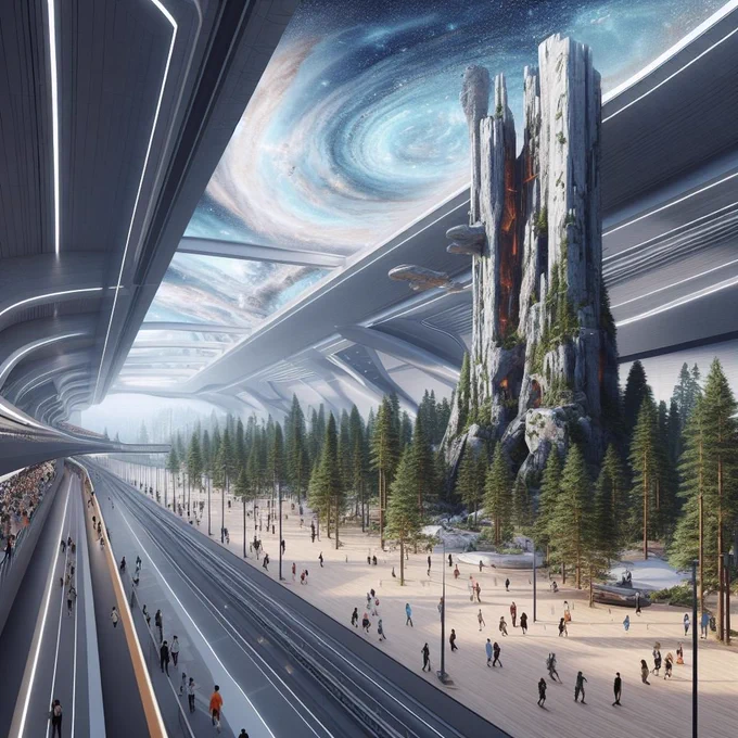 futuristic indoor recreational facility built to look like California's San Joaquin Valley, fake sequoia trees, tall structure resembleling the Sierra Nevada mountains used for rock climbing, realistic sky mural painted on the ceiling, people walking and running on track that wrapped around the entire place, 3D digital illustration, concept art, cgi rendering, extreme detail, airbrush painting, cinematic lighting