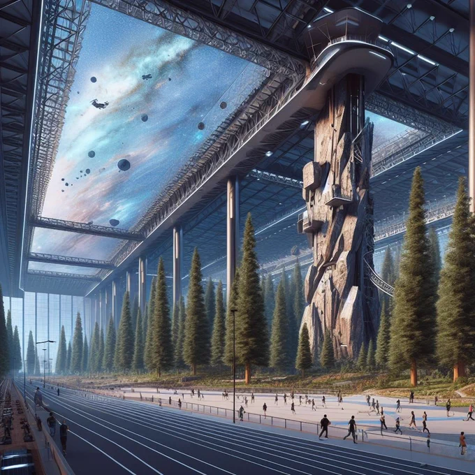 futuristic indoor recreational facility built to look like California's San Joaquin Valley, fake sequoia trees, tall structure resembleling the Sierra Nevada mountains used for rock climbing, realistic sky mural painted on the ceiling, people walking and running on track that wrapped around the entire place, 3D digital illustration, concept art, cgi rendering, extreme detail, airbrush painting, cinematic lighting