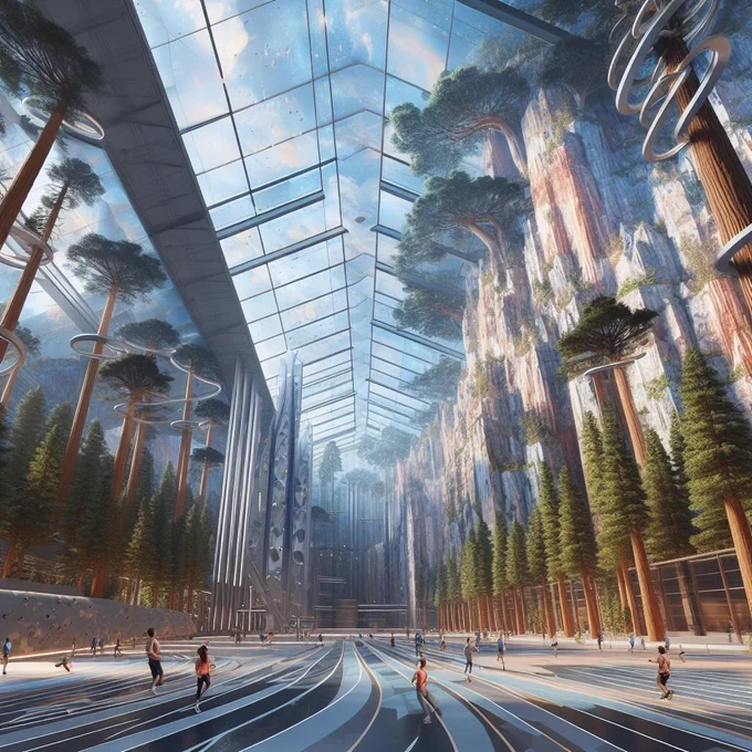 futuristic indoor recreational facility built to look like California's San Joaquin Valley, fake sequoia trees, tall structure resembleling the Sierra Nevada mountains used for rock climbing, realistic sky mural painted on the ceiling, people walking and running on track that wrapped around the entire place, 3D digital illustration, concept art, cgi rendering, extreme detail, airbrush painting, cinematic lighting
