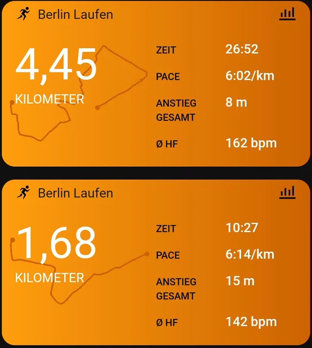 Screenshot der Laufuhr
4,45km in 26:52min
Und
1,68km in 10:27min