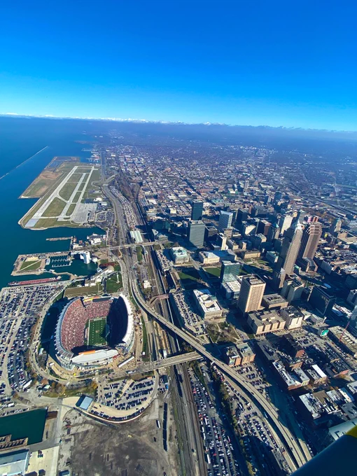 Aerial photo from the blimp of downtown Cleveland with Cleveland Browns Stadium to the left