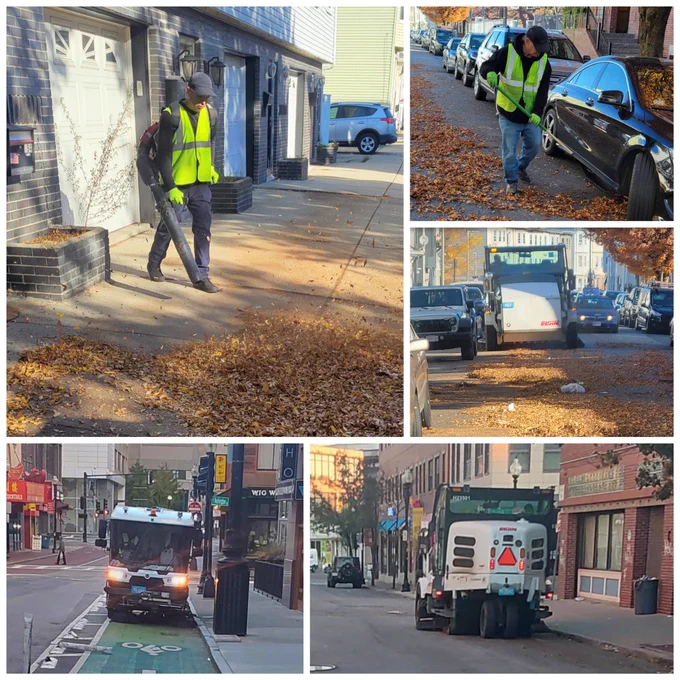 Picture: PWD Sweepers working in Chinatown, Dorchester and Roxbury, while our District 9 crew cleans leaves in East Boston.