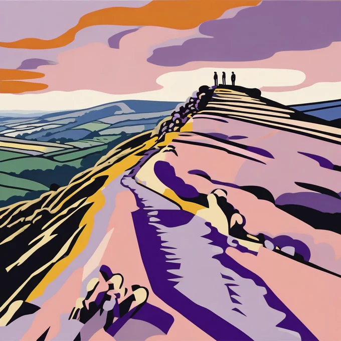 Graphical image of Mam Tor in purples and pink. 3 people on the edge. Green flowing grasslands below
