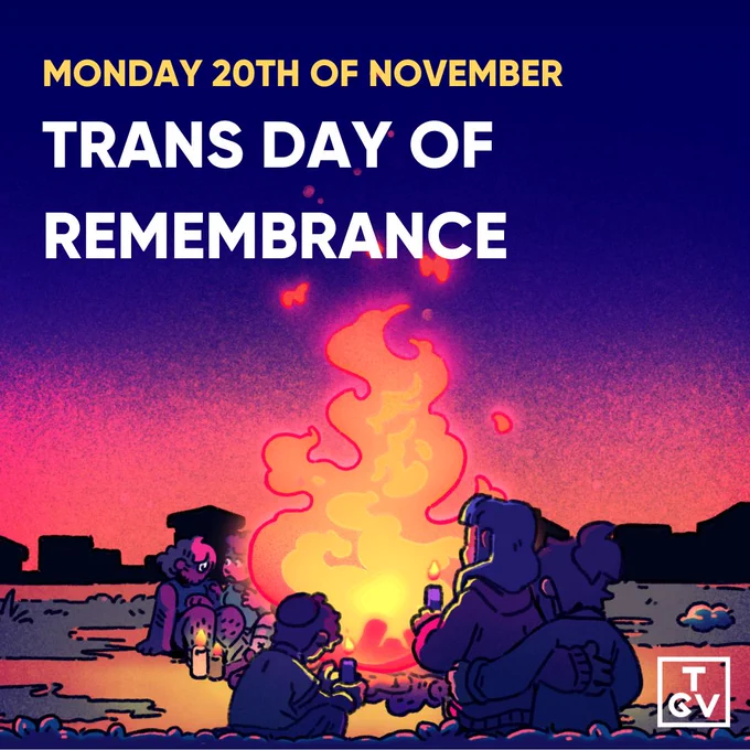 An illustration of people surrounding a campfire with candles at sunset. The sky is purple and pink and there are silhouettes of buildings in the distant horizon. On the top left of the tile is yellow and white text that reads: 'Monday 20th of November. Trans Day or Remembrance'.