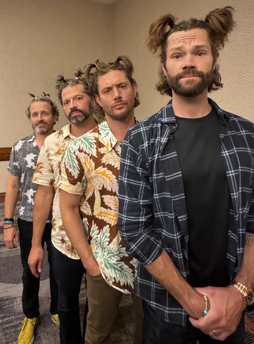 Jared, Jensen, me, and Rob Benedict all with our hair in pigtails.