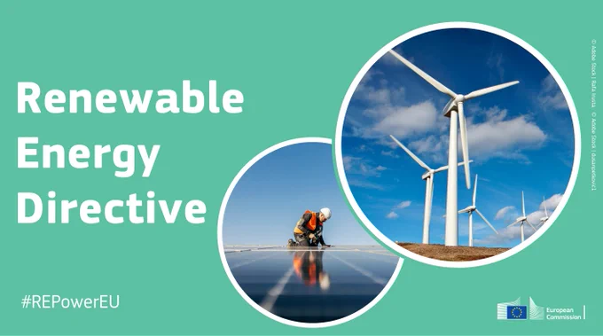 The image caption reads Renewable Energy Directive over a green background. The visual has two pictures: a person working on solar panels and wind turbines.