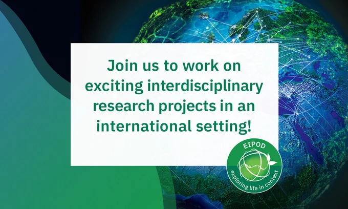 A text box saying: "Join us to work on exciting interdisciplinary research projects in an international setting!". Below is the EMBL EIPOD logo. In the background, there is the planet Earth with several lines collecting different points on it. 