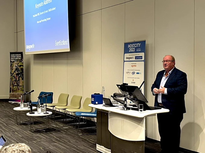 Paul Bush OBE, Director of Events at VisitScotland takes to the stage at Host City 2023.