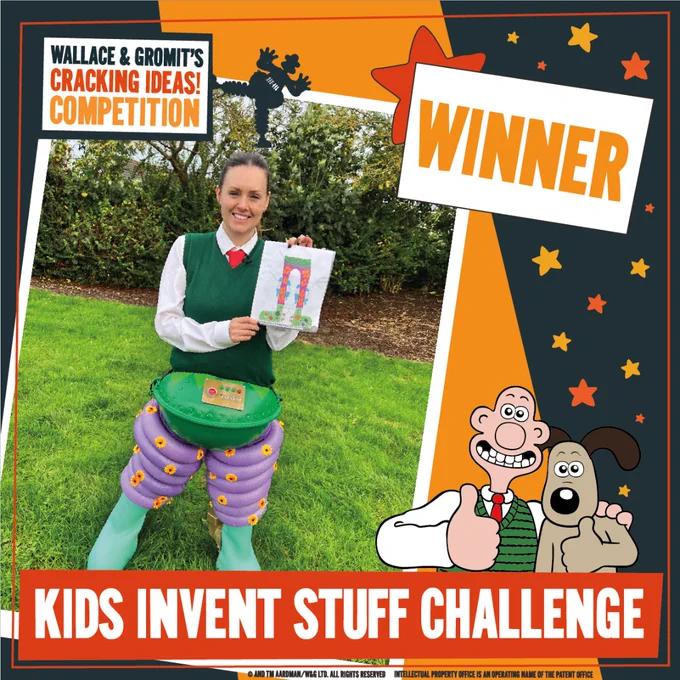 Kids Invent Stuff Challenge text below a photograph of Ruth wearing Poppy's green and purple trouser invention.  