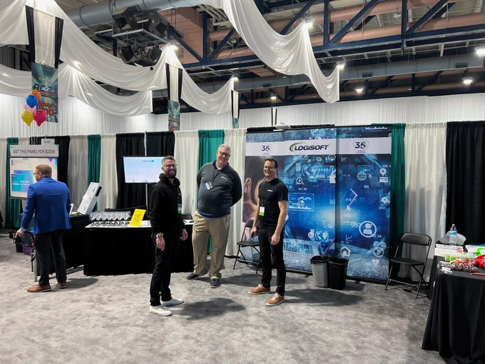 Photos of tradeshow booths.