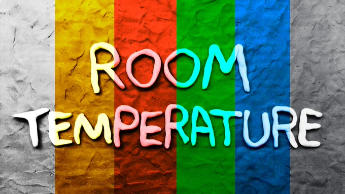 Graphic to promote See It On Screen's new animation project - Room Temperature. The image features Room Temperature in writing in the middle with the strips of colour white, yellow, red, green, blue an black. 