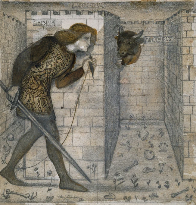 Theseus and the Minotaur in the Labyrinth, design for a painted tile by Sir Edward Coley Burne-Jones, 1861.